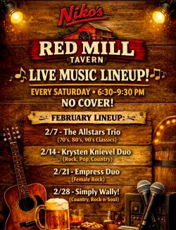 Live Music at Niko's Red Mill Tavern (Feb 2026) - Woodstock