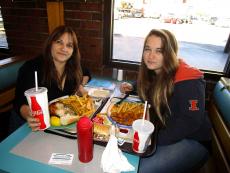 Mom & daughter enjoying Greek Chicken and Shrimp at Franksville Restaurant in Chicago